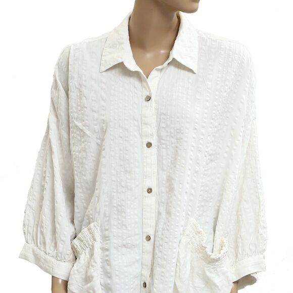 Free People Free-Est Just Like Me Seersucker Shirt White Top Buttondown M 283537 - Picture 6 of 9